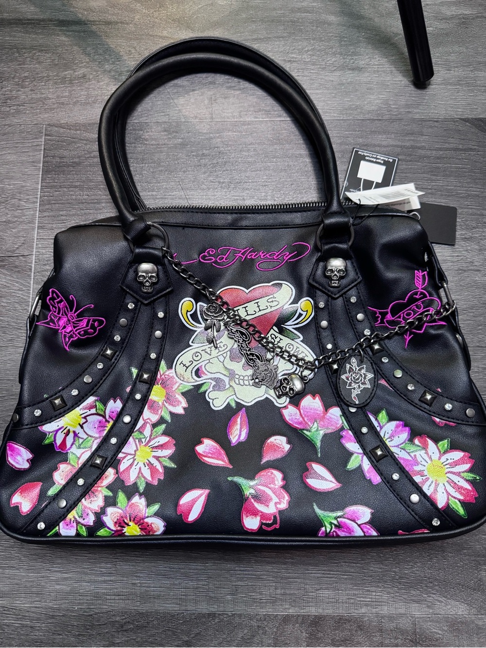 Ed Hardy Black Floral Tattoo-Print Satchel with Pink Accents - Picture 1 of 3